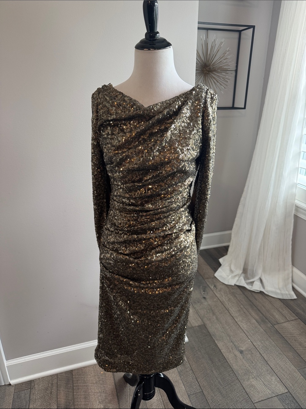 Gold Sequin Long-Sleeve Ruched Midi Dress